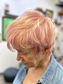 Client with pixie cut and creative color